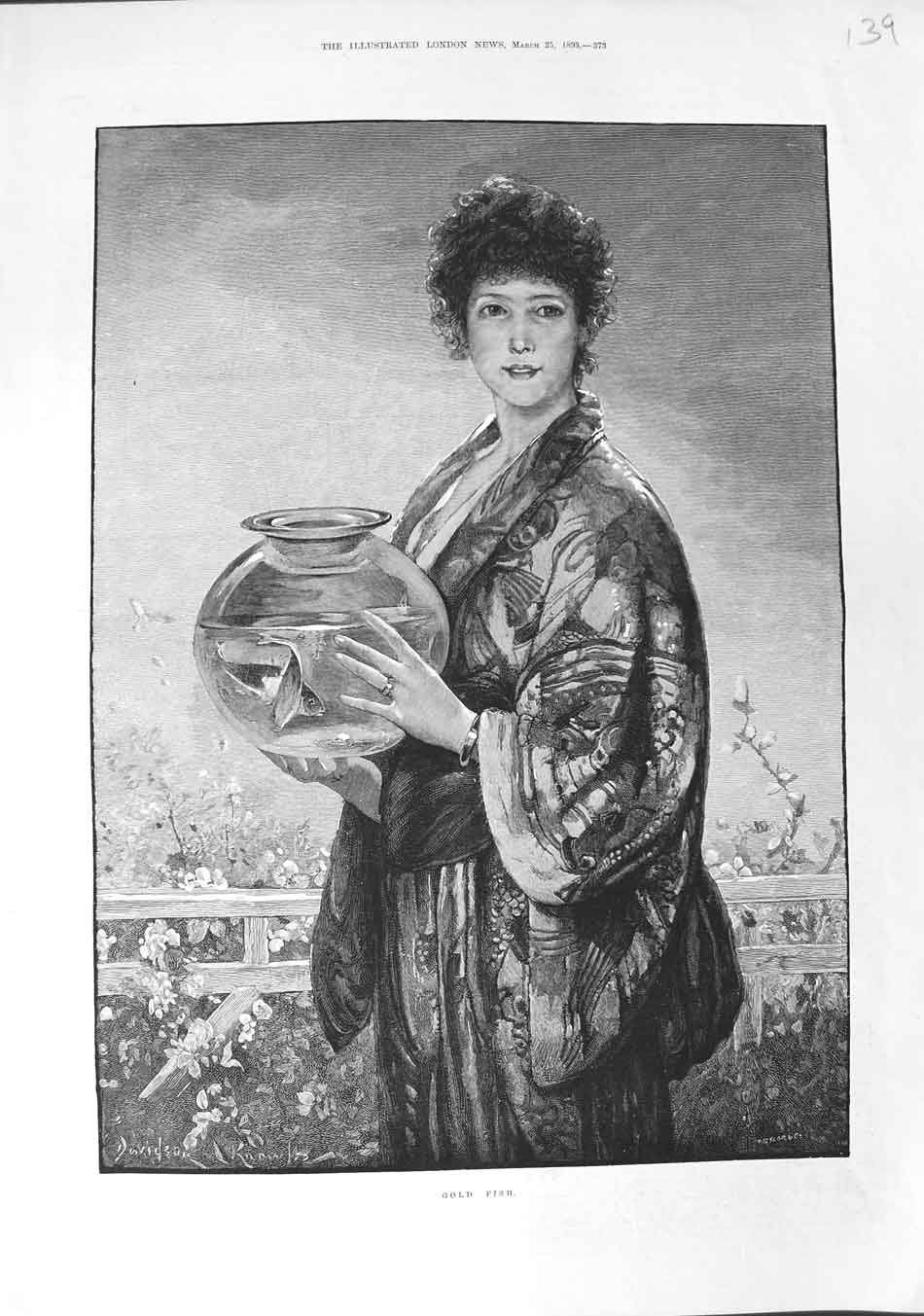 Original Old Antique Print 1893 Davidson Knowles Fine Art Lady GFish Bowl 19th