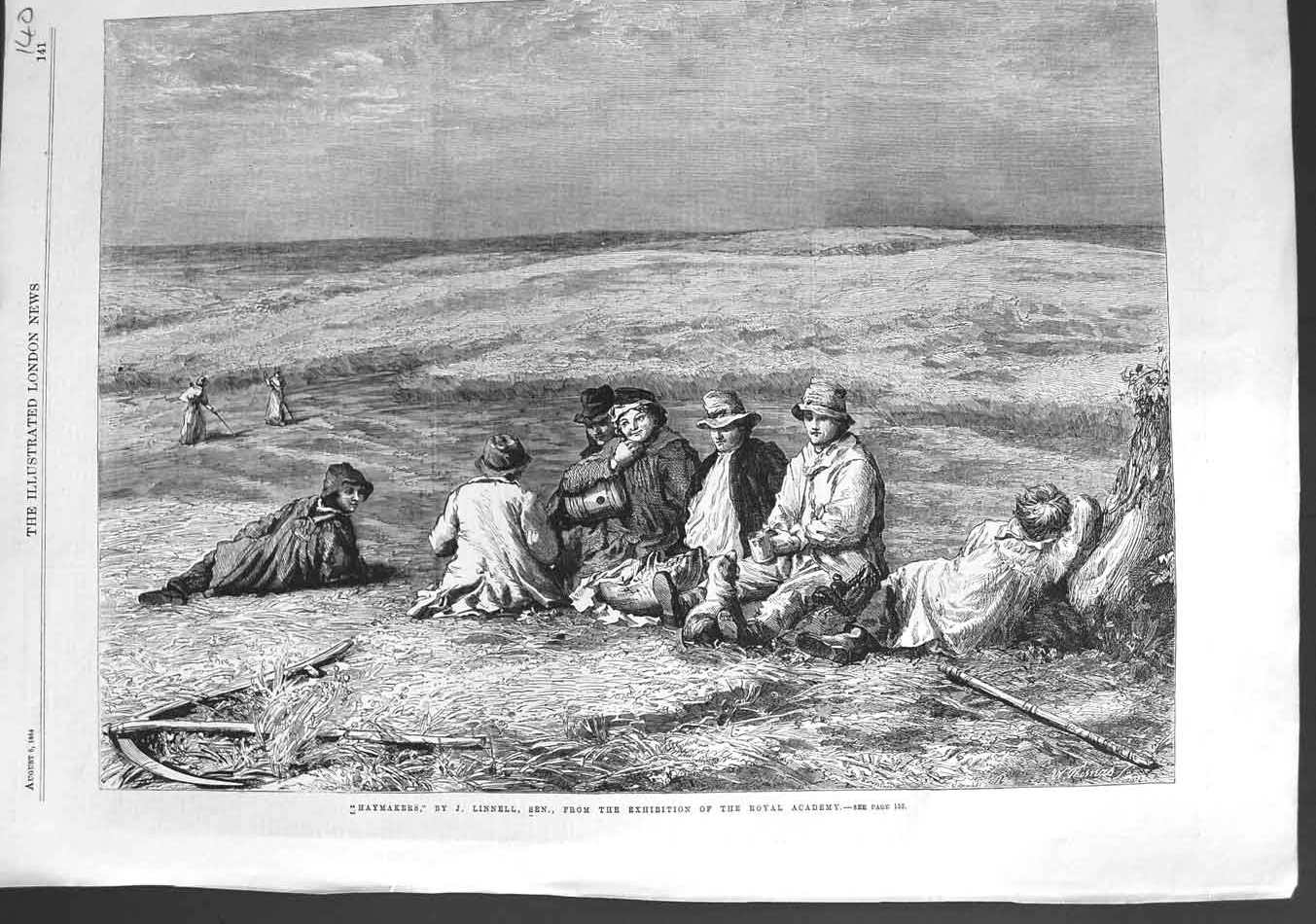 Original Old Antique Print 1864 Scene Haymakers Farming Country Linnell 19th