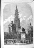 Old Antique Print 1868 Place Verte Antwerp Rubens Architecture Fine Art 19th