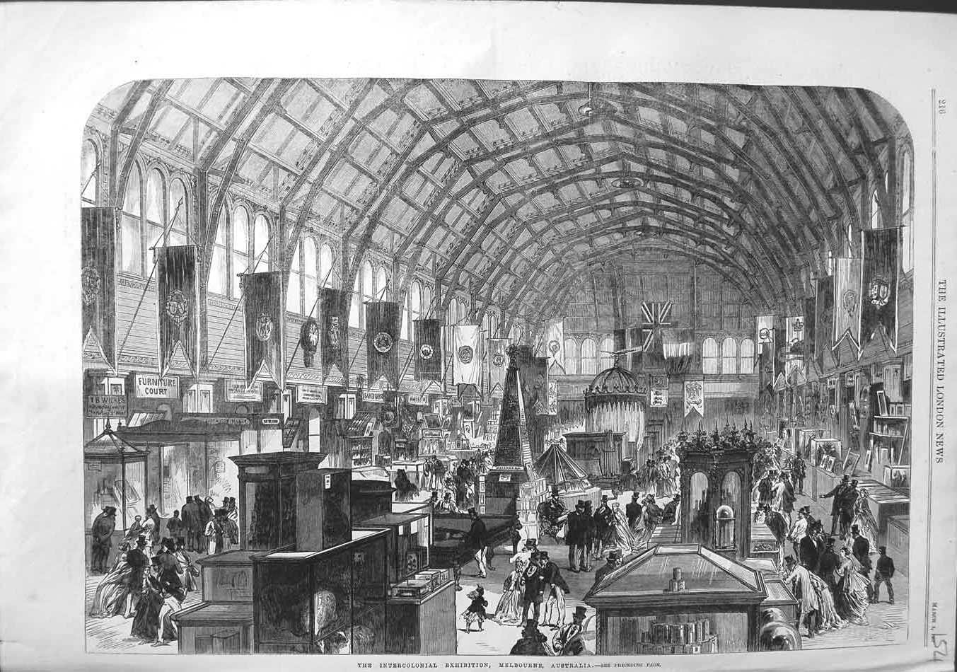 Original Old Antique Print 1867 Intercolonial Exhibition Melbourne Australia