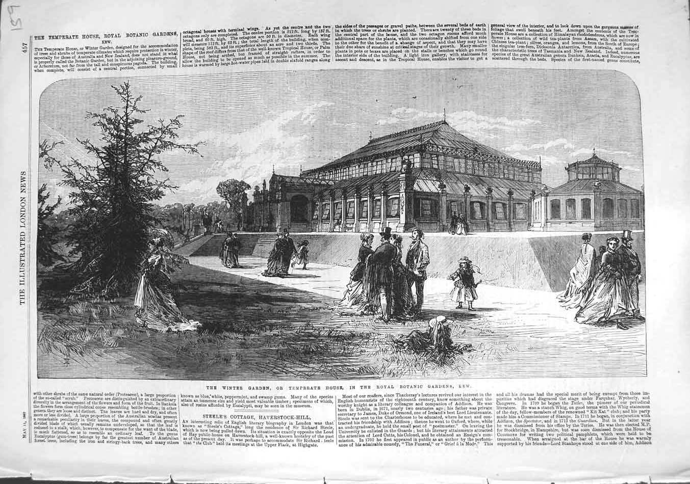 Old Antique Print 1867 Winter Garden Temperate House Botanic Gardens Kew 19th