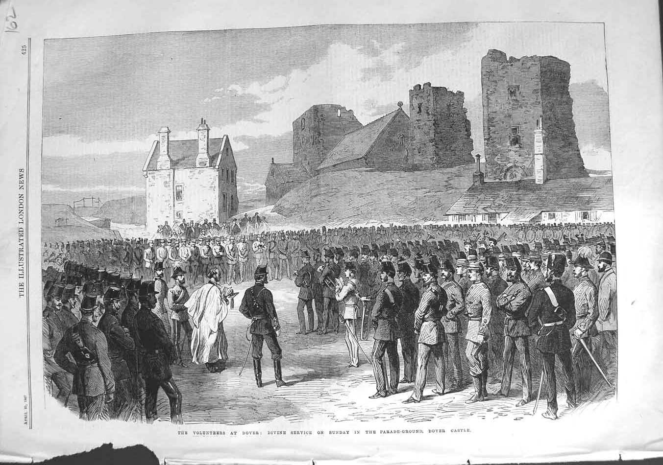 Old Antique Print 1867 Volunteer Dover Service Parade Gound Castle Army 19th