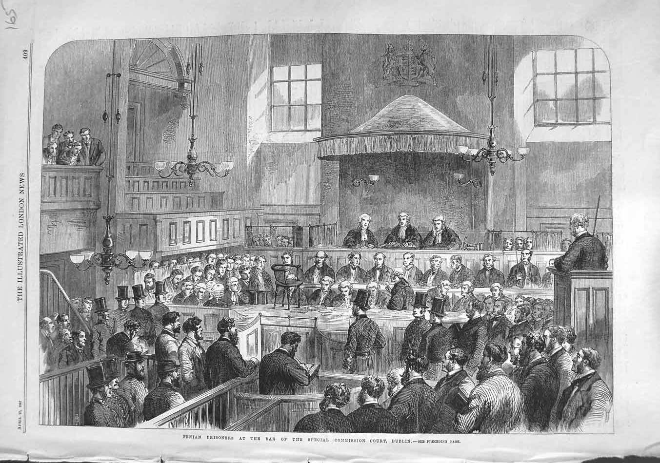 Original Old Antique Print 1867 Fenian Prisoners Bar Commission Court Dublin