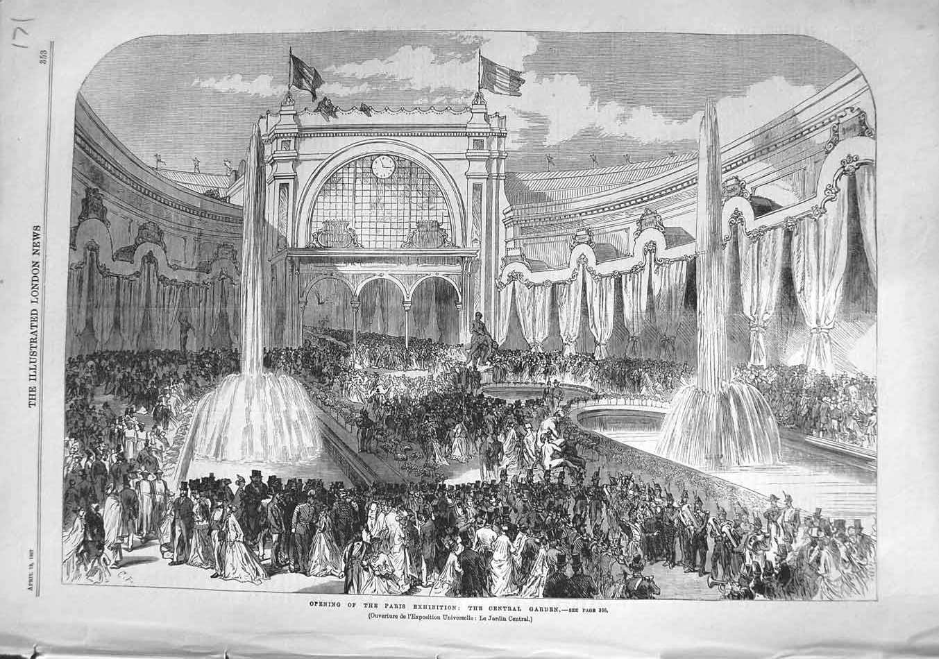 Old Antique Print 1867 Opening Paris Exhibition Central Garden Fountain 19th