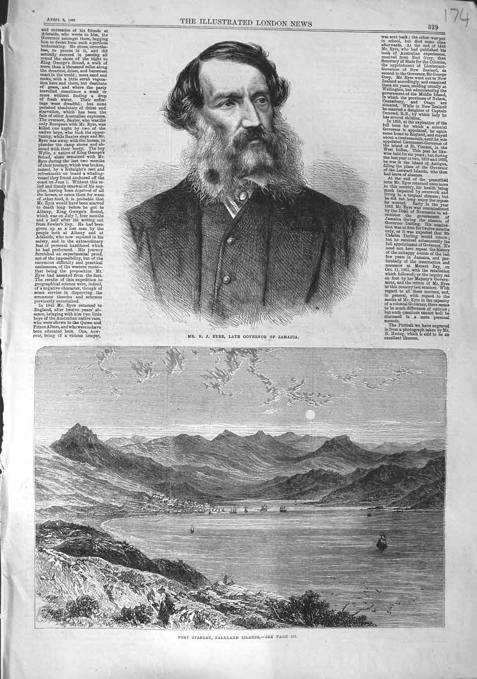 Original Old Antique Print 1867 Port Stanley Falkland Islands Eyre Jamaica 19th