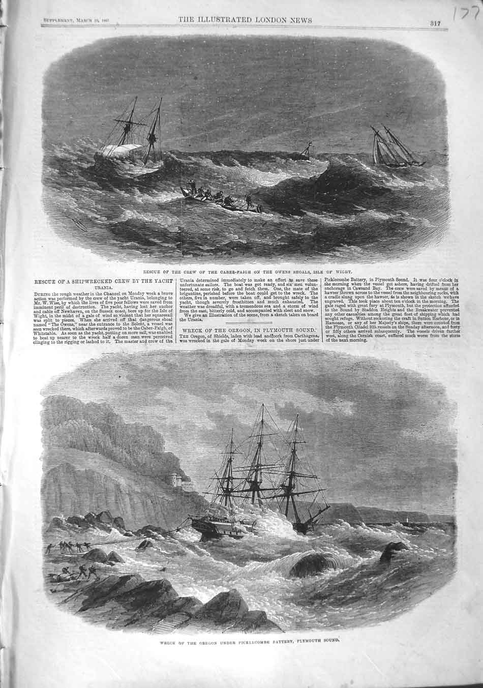 Original Old Antique Print 1867 Rescue Crew Ship Caber-Faigh Isle Wight Oregon