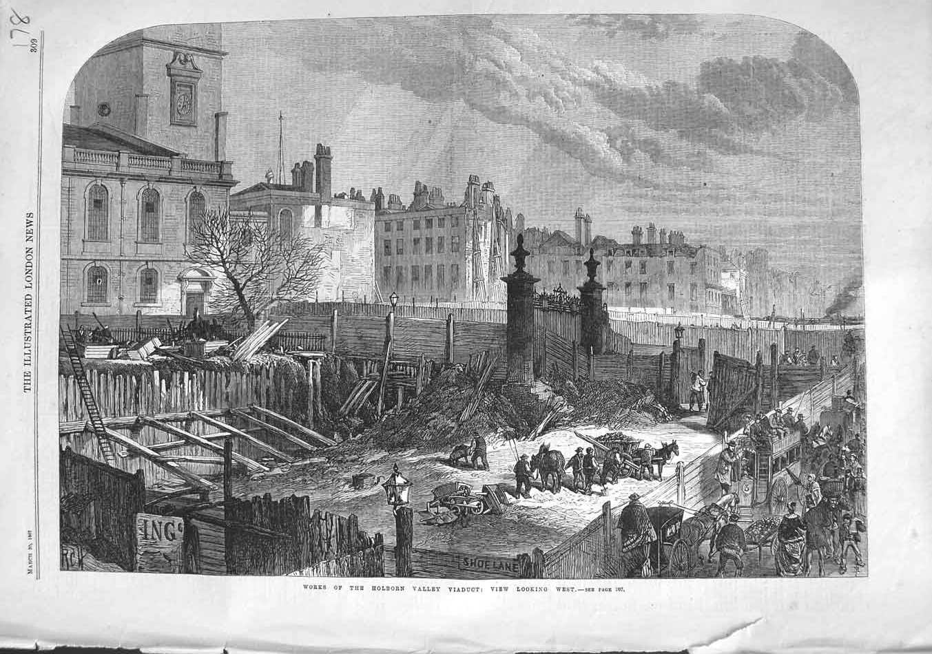 Original Old Antique Print 1867 Works Holborn Valley Viaduct 19th