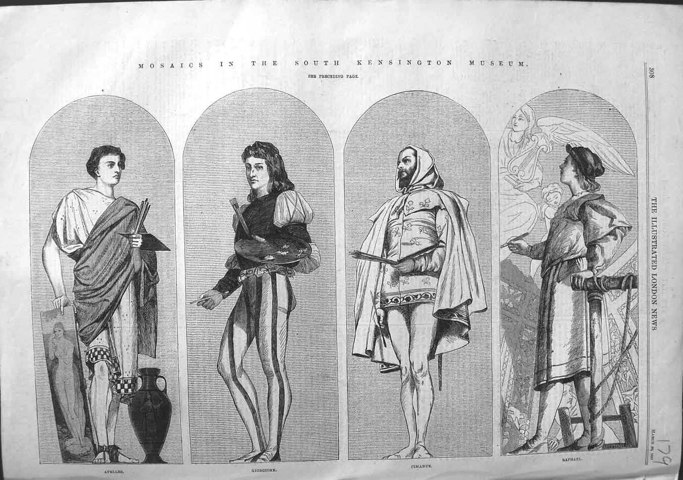 Old Antique Print 1867 Mosaic Kensington Museum Apelles Giorgione Raphael 19th