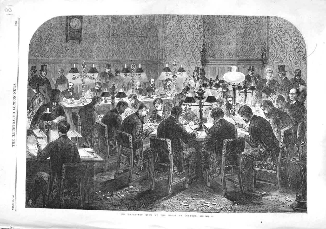 Original Old Antique Print 1867 Interior Reporters Room House Commons London