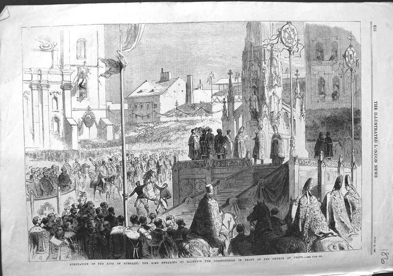 Old Antique Print 1867 Coronation King Hungary Church Pesth Constitution 19th
