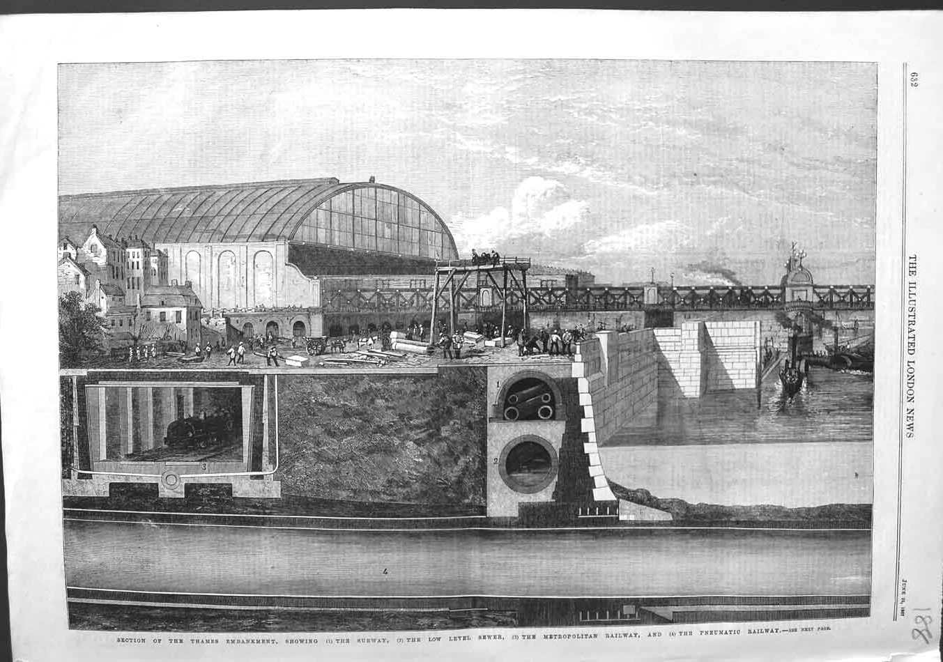 Antique Old Print *3137 1867 Thames Embankment Subway Sewer Pneumatic Railway