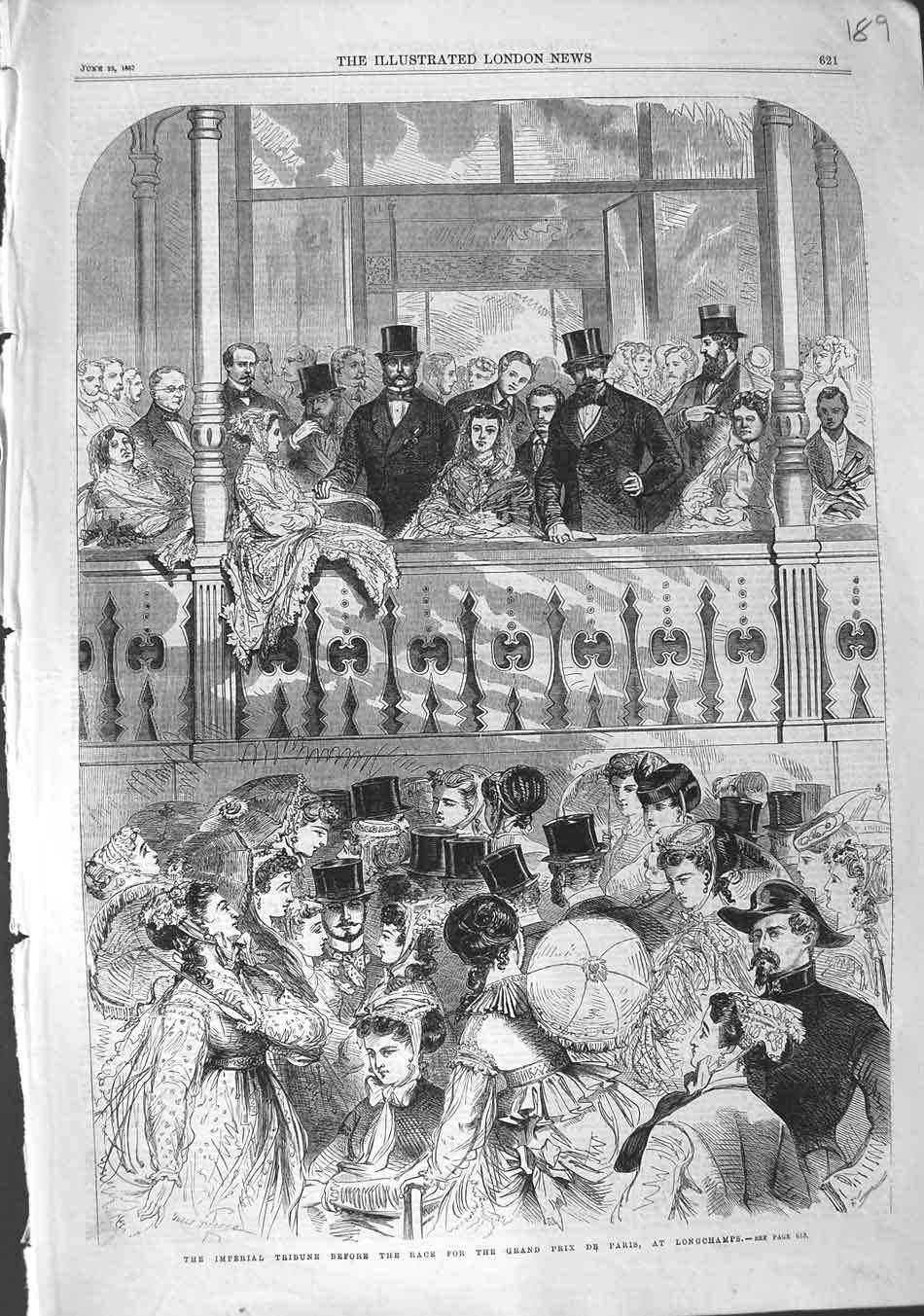 Old Antique Print 1867 Imperial Tribune Race Grand Prix Paris Longchamps 19th