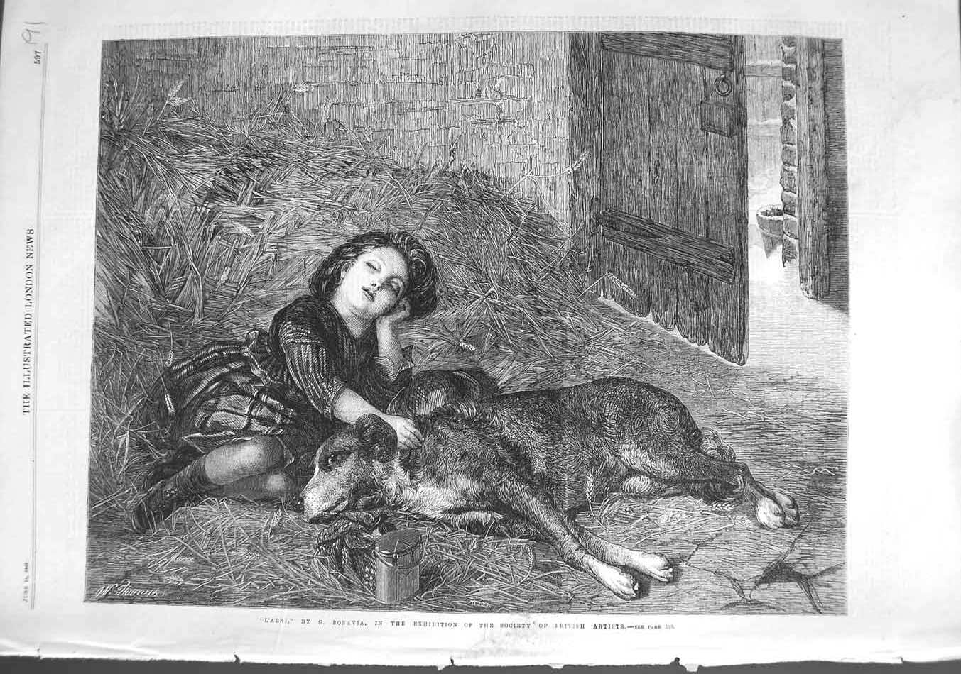 Original Old Antique Print 1867 Bonavia Fine Art Little Girl Sleeping Barn Dog