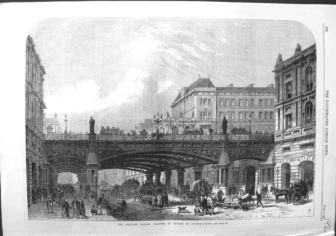 Original Old Antique Print 1867 Holborn Valley Viaduct Architecture Engineering