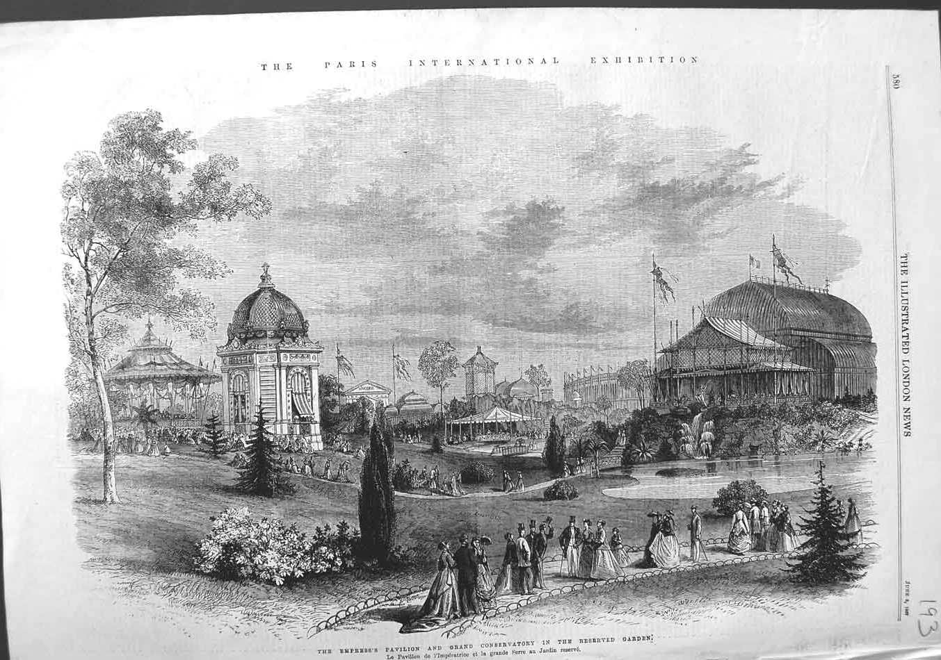 Original Old Antique Print 1867 Empress Pavilion Conservatory Reserved Gardens