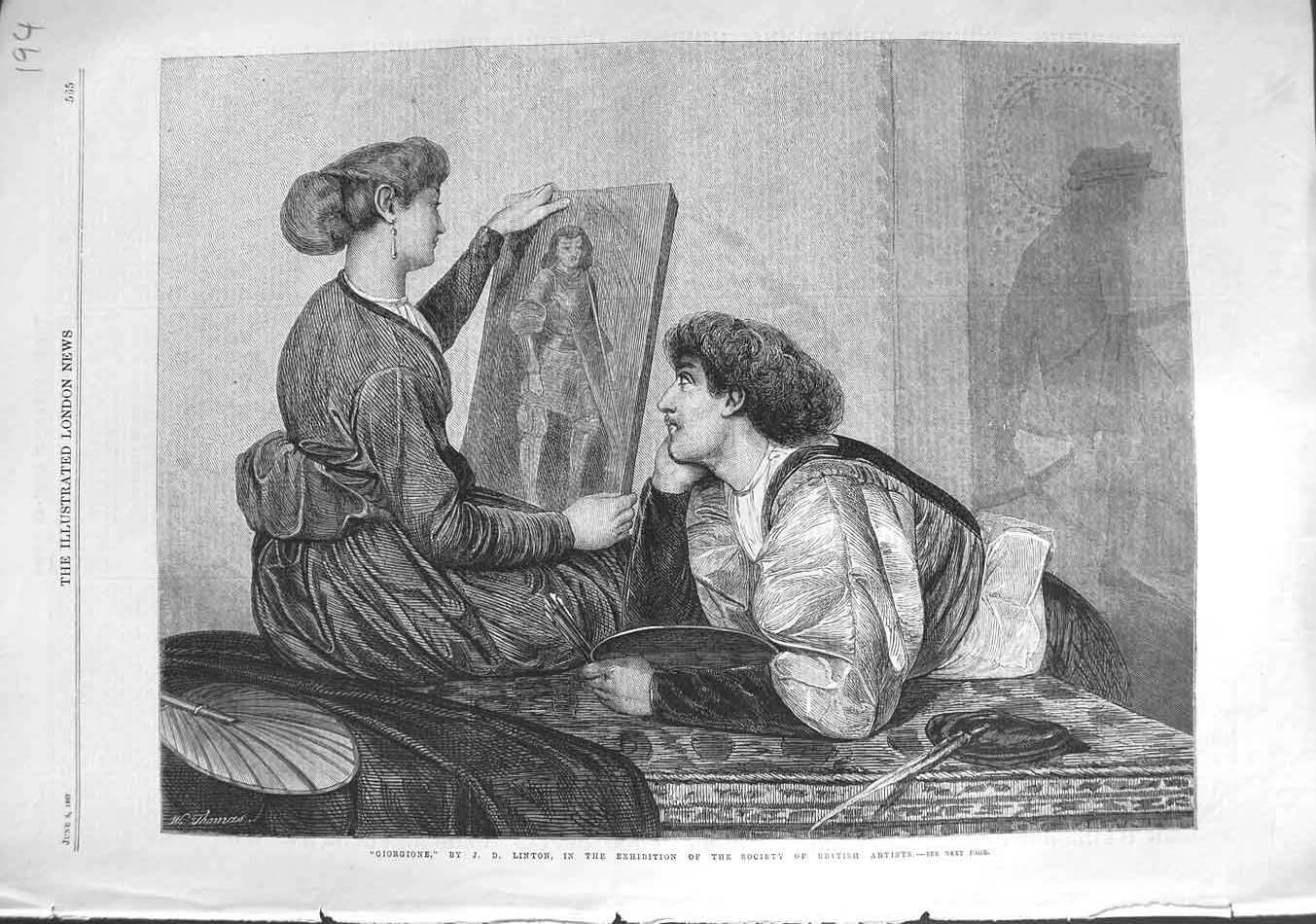 Original Old Antique Print 1867 Linton Fine Art Giorgione Ladies Women Painting