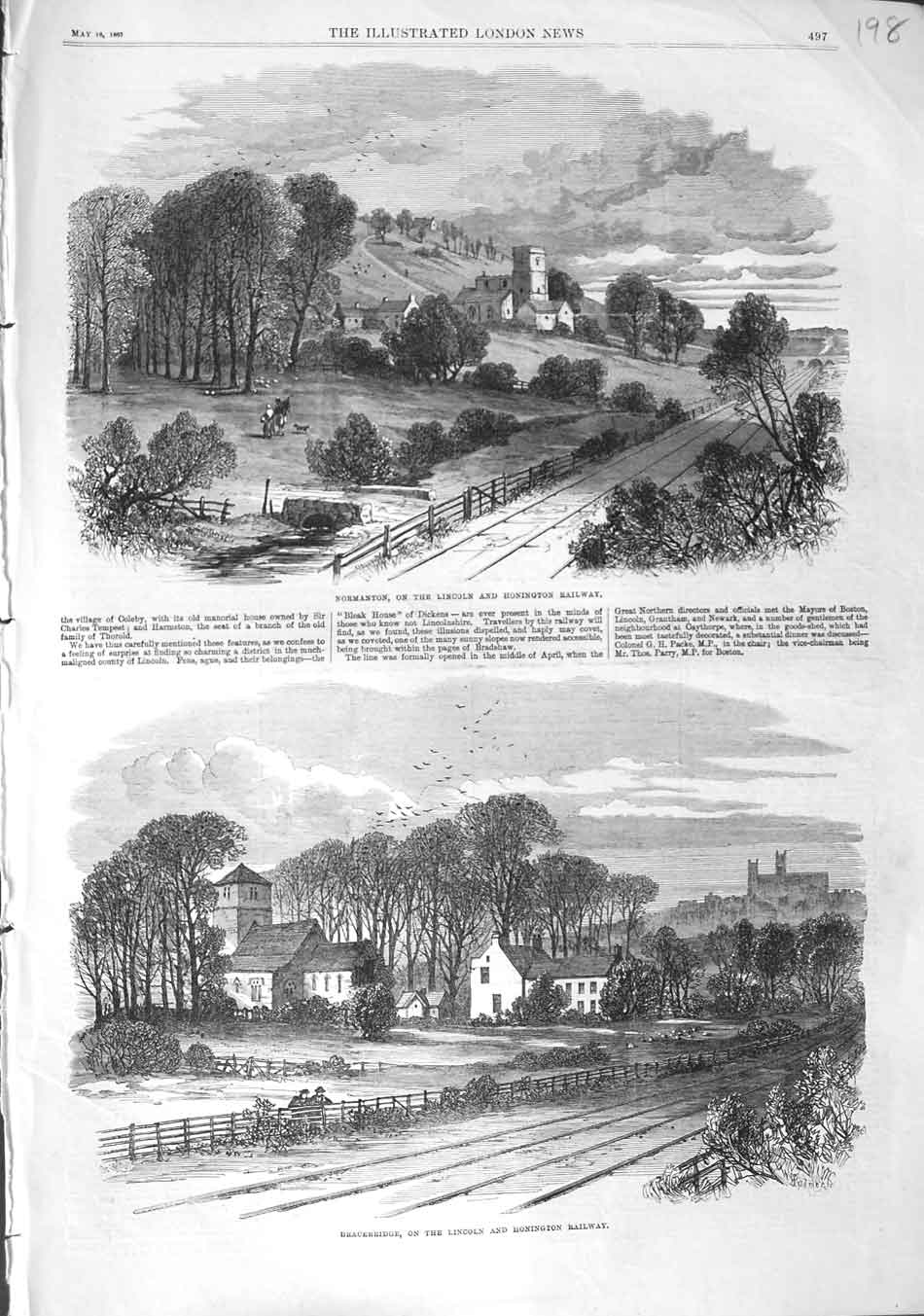 Original Old Antique Print 1867 Normanton Lincoln Honington Railway Bracebridge