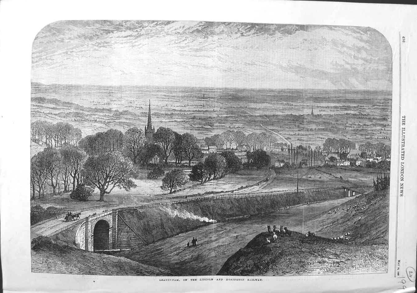 Original Old Antique Print 1867 Leadenham Lincoln Honington Railway Train 19th