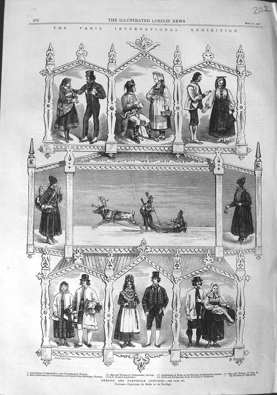 Original Old Antique Print 1867 Paris Exhibition Swedish Norwegian Costumes