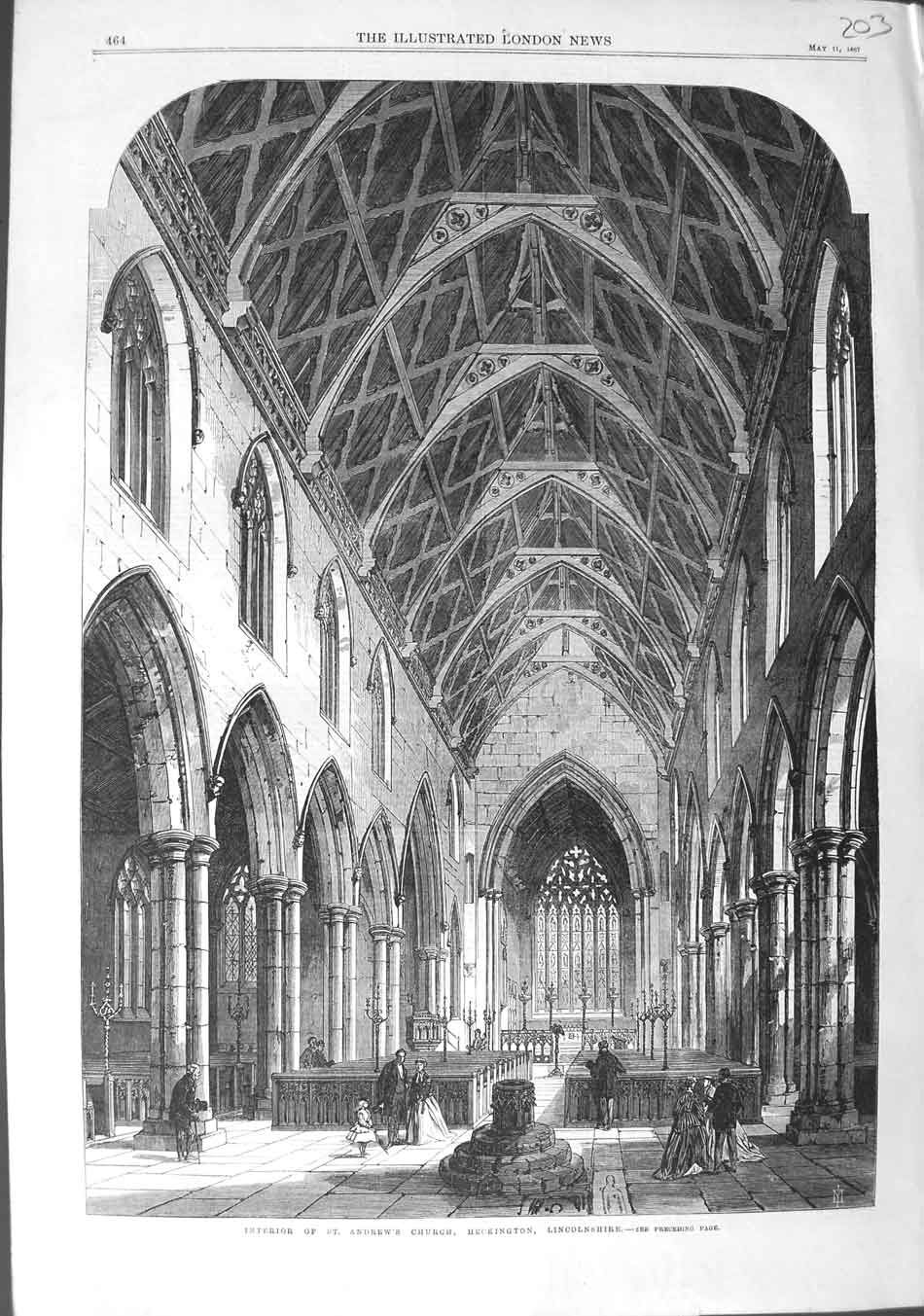 Original Old Antique Print 1867 Interior Andrews Church Heckington Lincolnshire