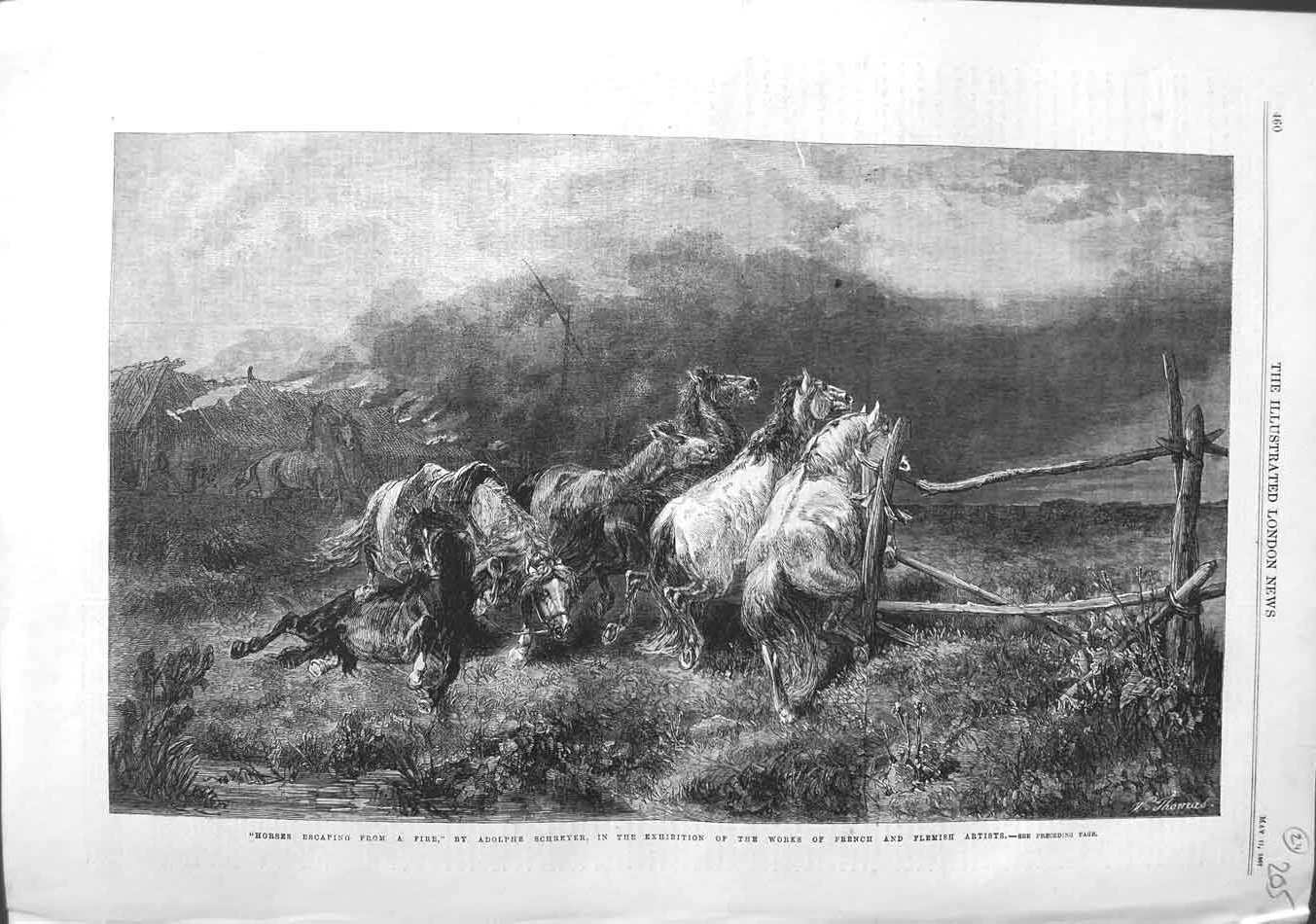 Original Old Antique Print 1867 Horses Escaping Fire Adolphe Schreyer Fine Art