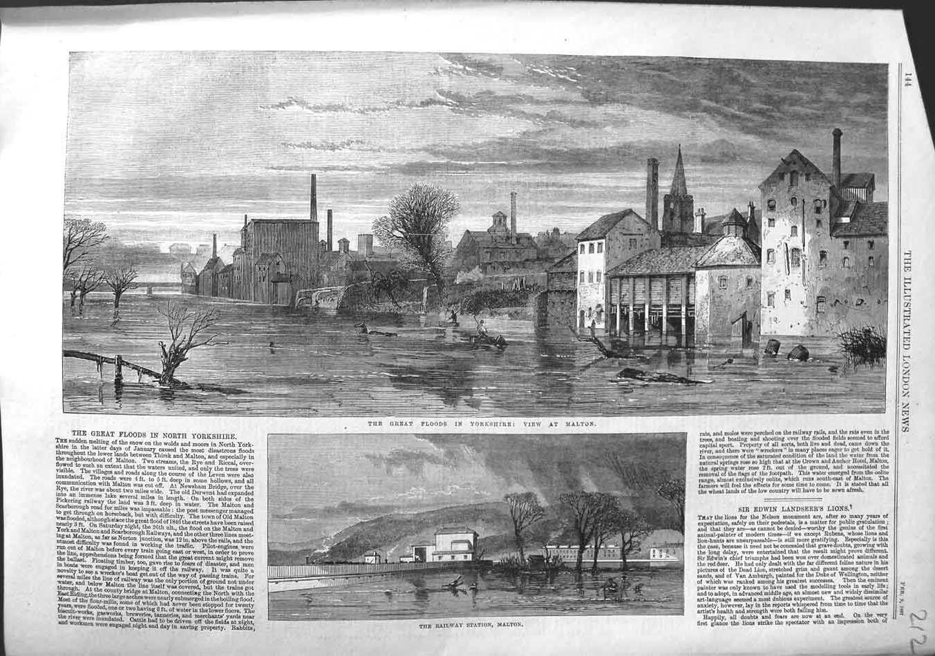 Original Old Antique Print 1867 Great Floods Yorkshire Malton Railway Station