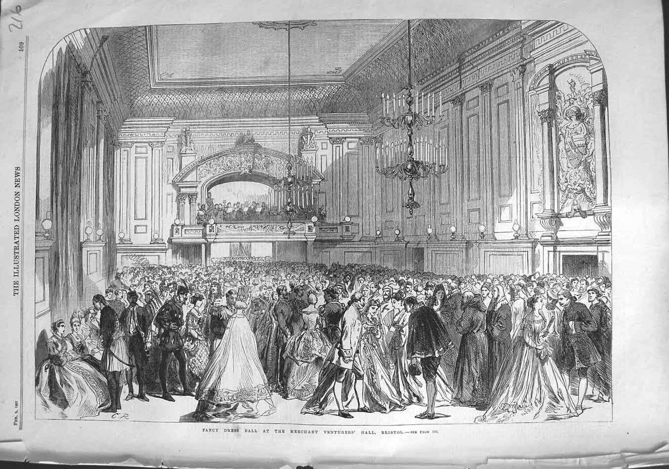 Old Antique Print 1867 Fancy Dress Ball Merchant Venturers Hall Bristol 19th