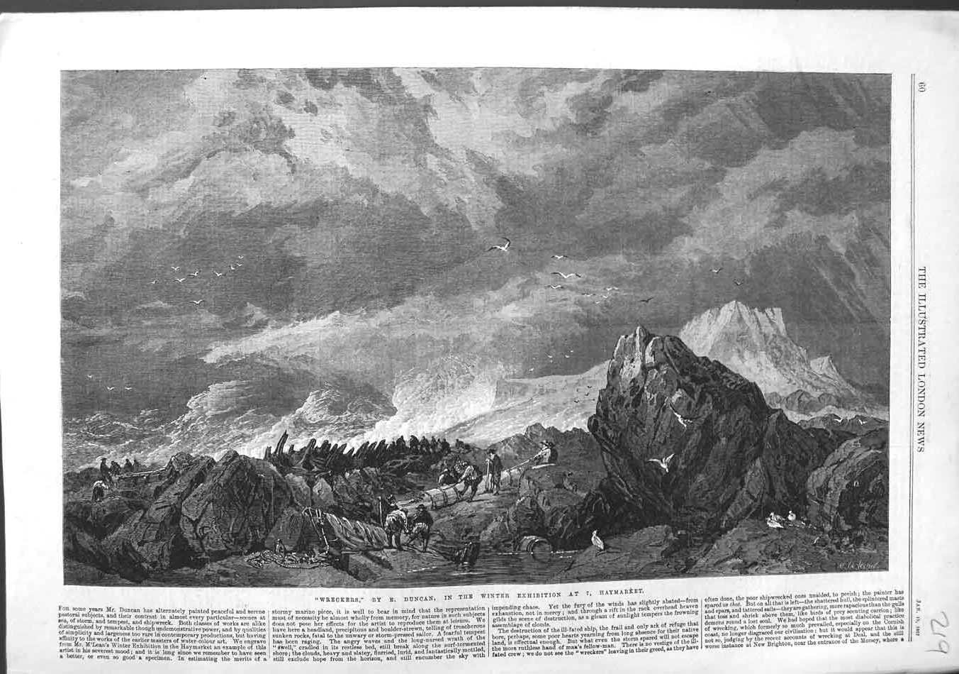 Original Old Antique Print 1867 Sea Wreckers Birds Rocks Fine Art Victorian