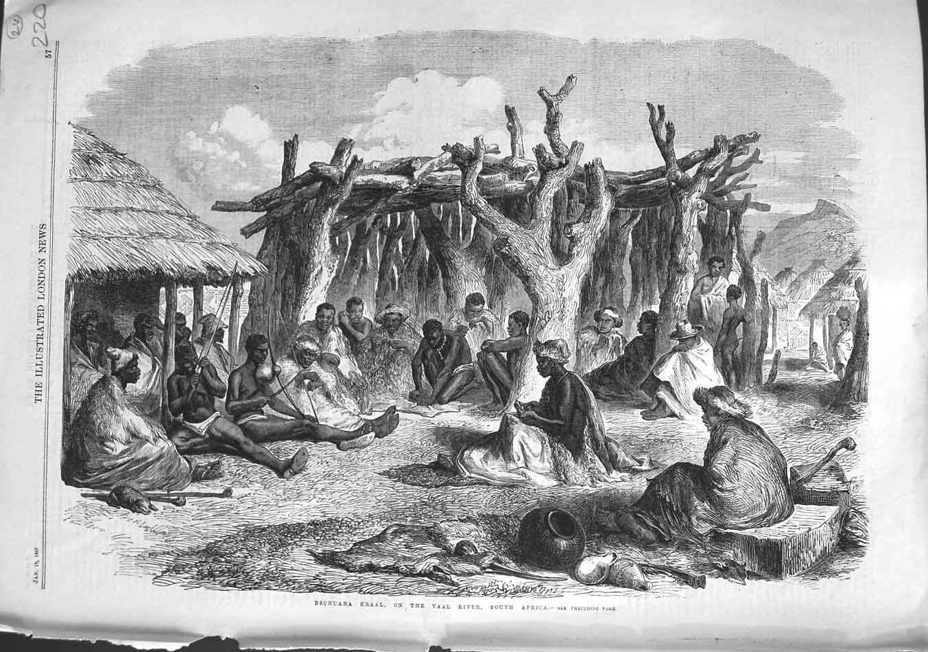 Original Old Antique Print 1867 Bechuana Kraal Vaal River South Africa Natives