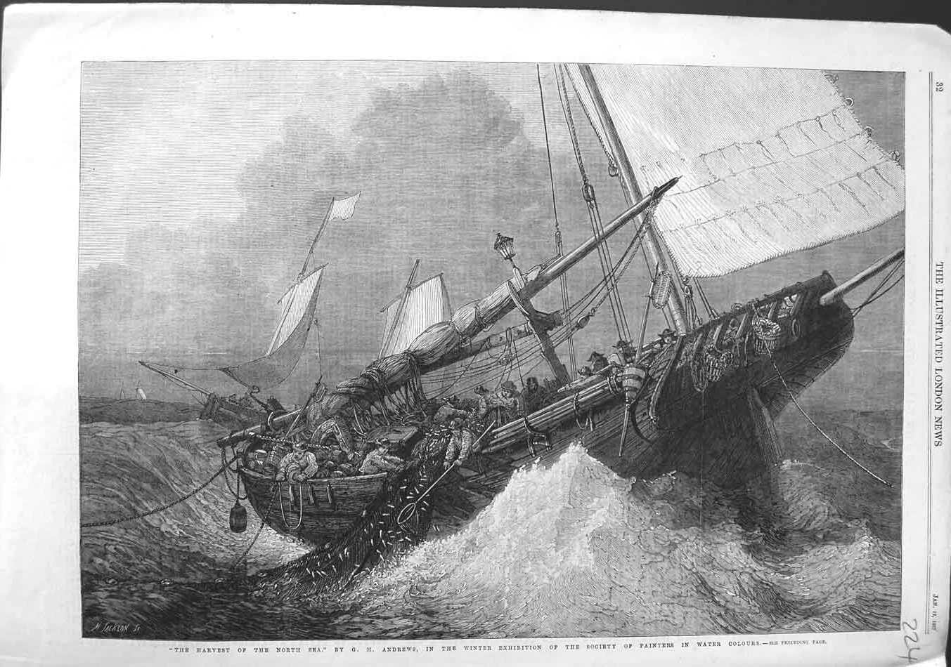 Old Antique Print 1867 Harvest North Sea Fishing Boats Andrews Fine Art 19th