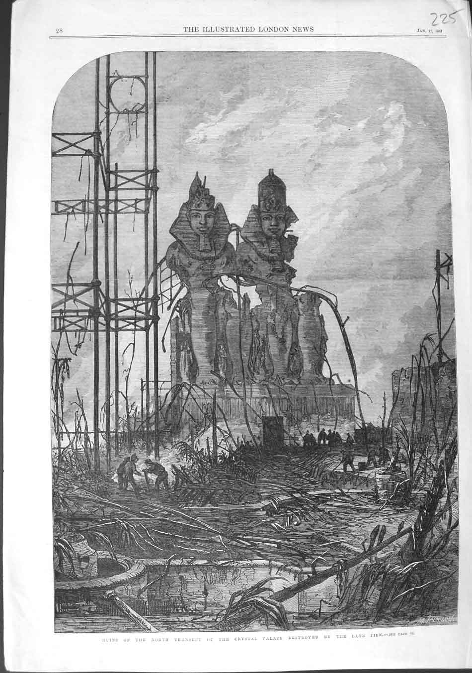 Original Old Antique Print 1867 Ruins North Transept Crystal Palace Fire London