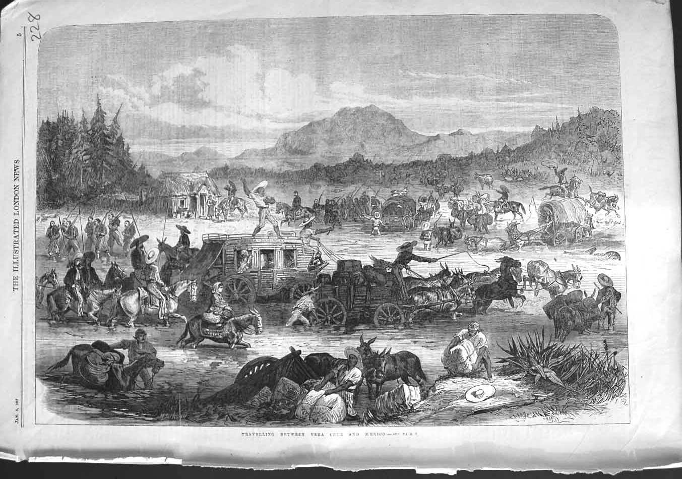 Original Old Antique Print 1867 Travelling Between Vera Cruz Mexico America