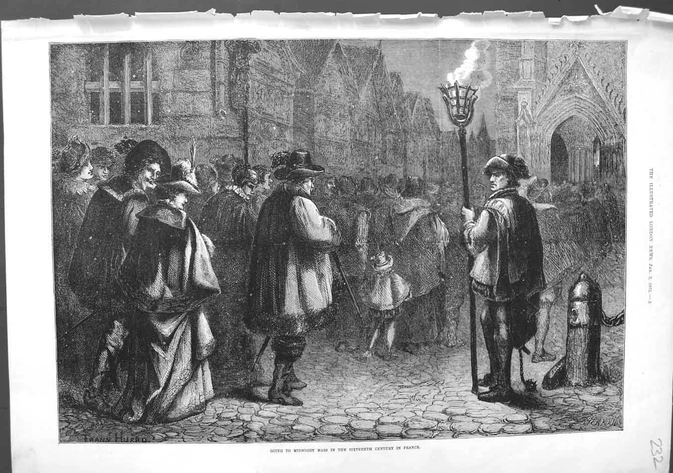 Original Old Antique Print 1875 Midnight Mass Sixteenth Century France Fine Art