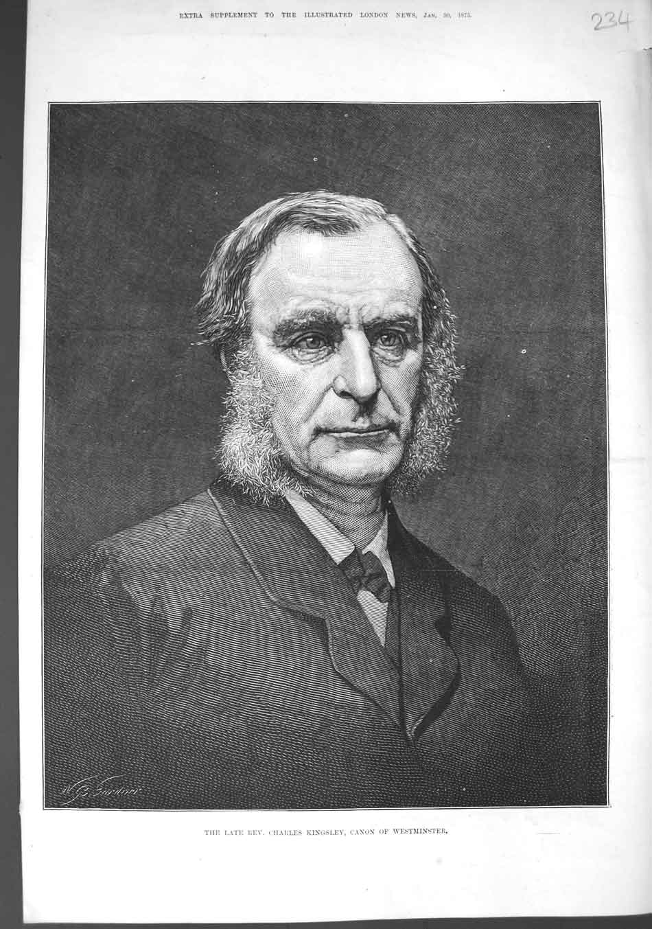 Old Antique Print 1875 Portrait Rev. Charles Kingsley Canon Westminster 19th