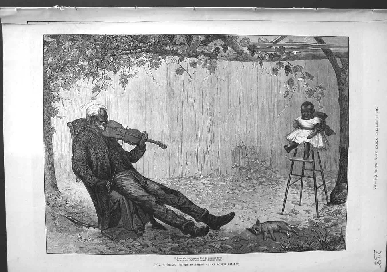 Original Old Antique Print 1875 Dudley Gallery Fine Art Man Music Baby Chair