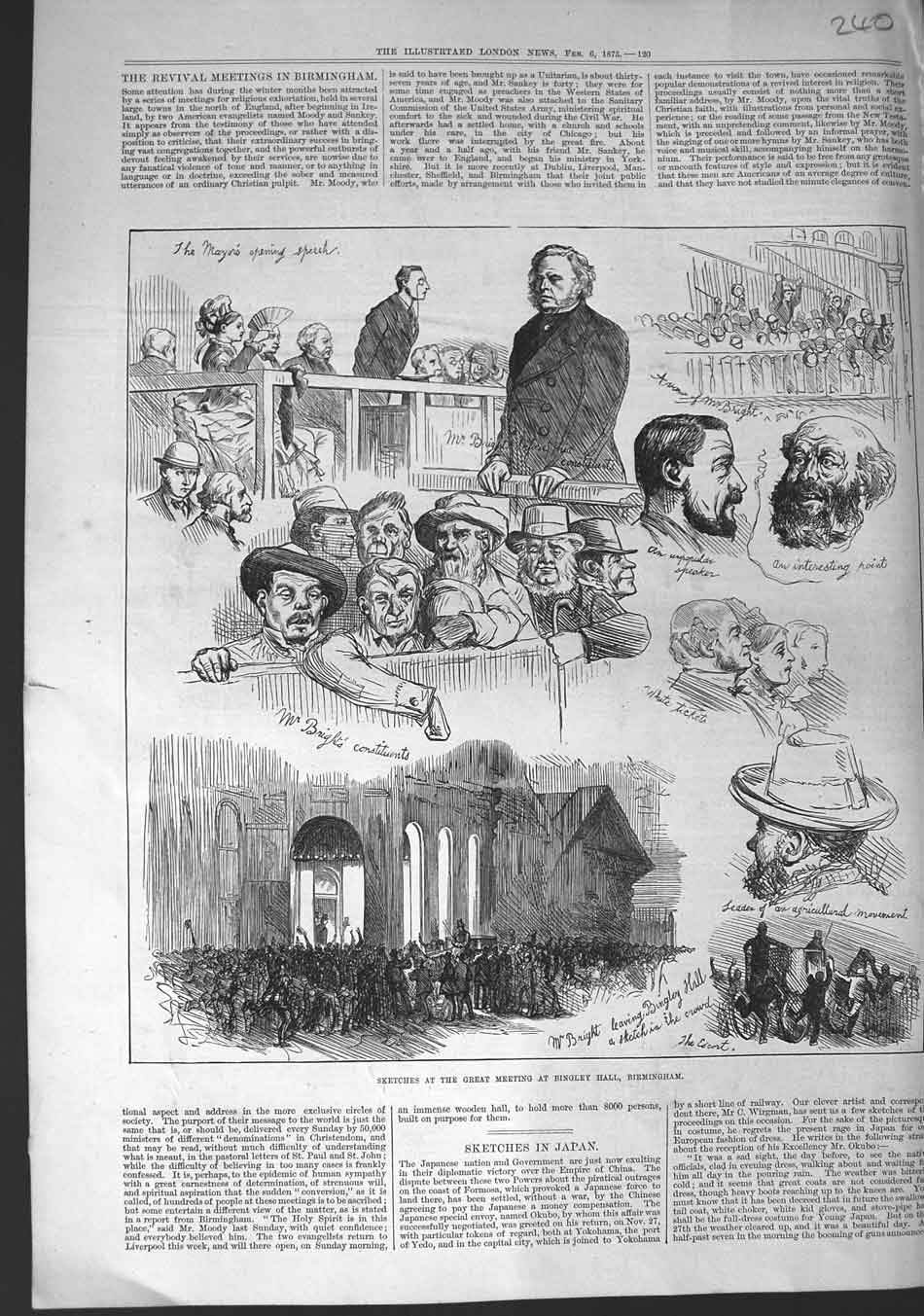 Old Antique Print 1875 Great Meeting Bingley Hall Birmingham Mayor Bright 19th