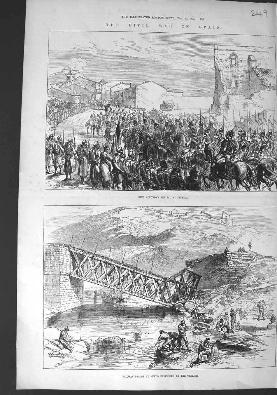 Old Antique Print 1875 Civil War Spain King Alfonso Tafalla Railway Pueyo 19th