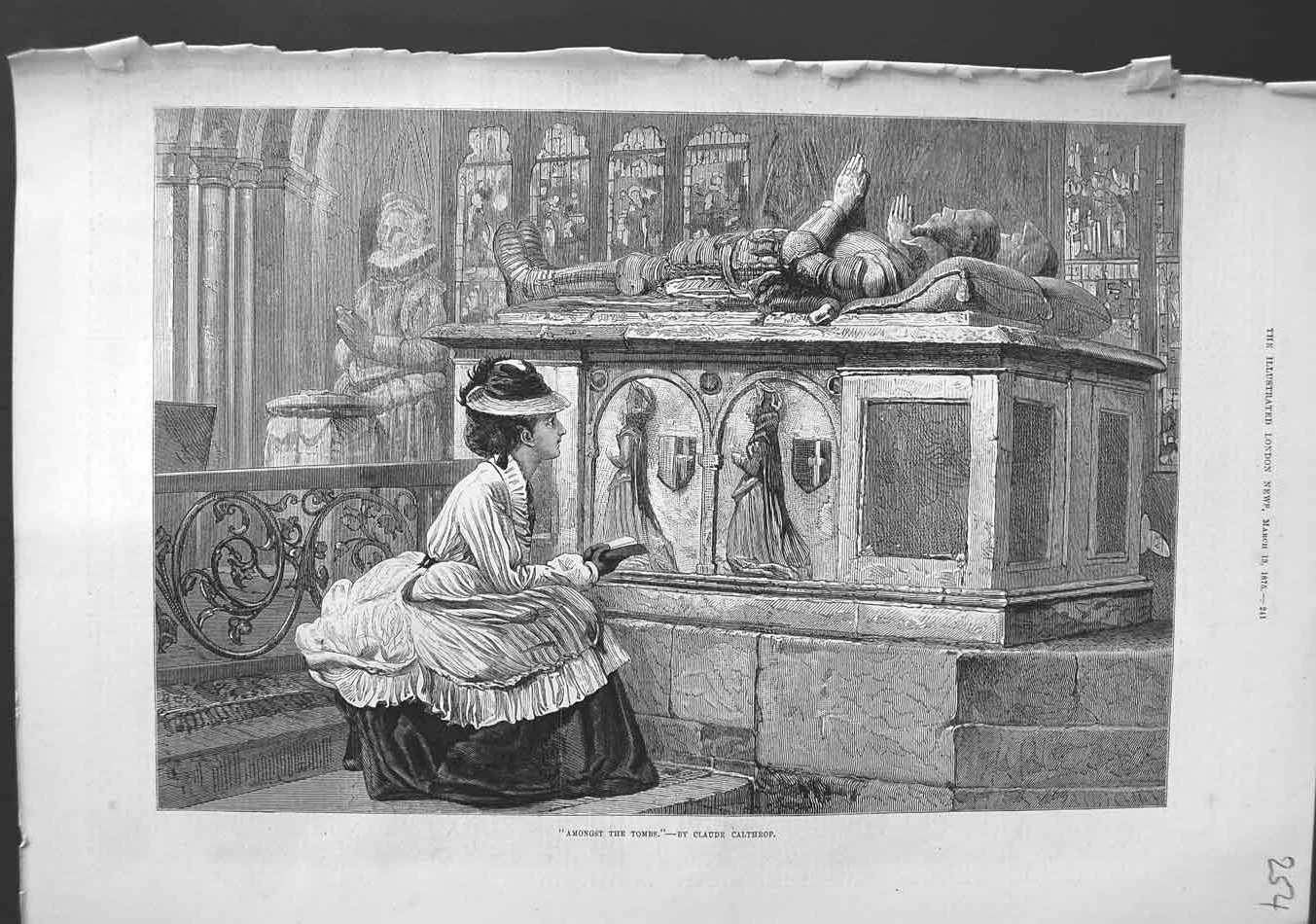 Original Old Antique Print 1875 Claude Calthrop Lady Church Tombs Victorian