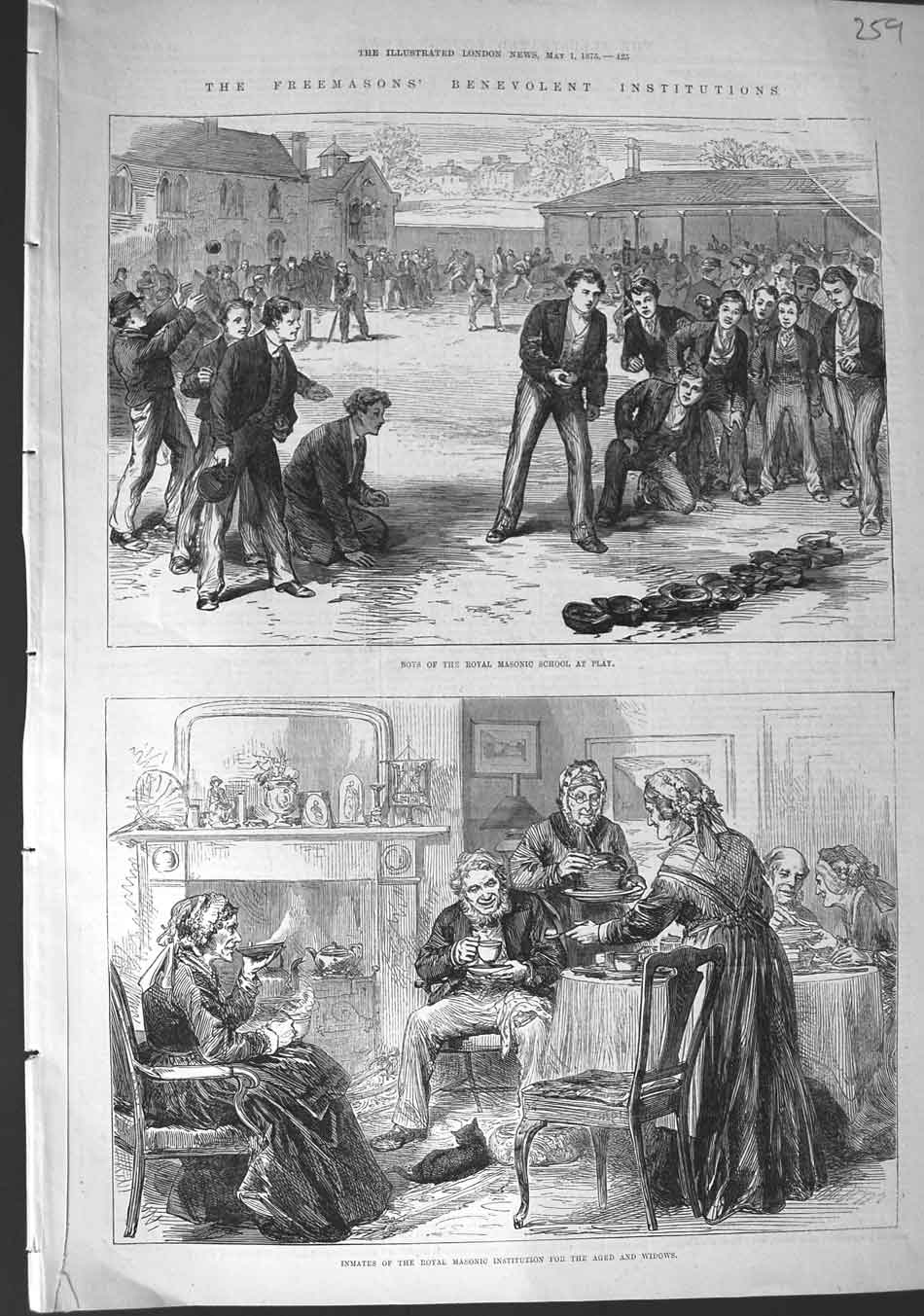 Old Antique Print 1875 Freemasons Masonic School Benevolent Institution 19th