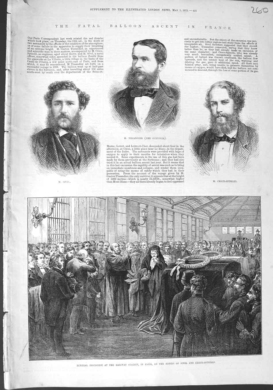 Original Old Antique Print 1875 Balloon France Tissandier Sivel Croce-Spinelli