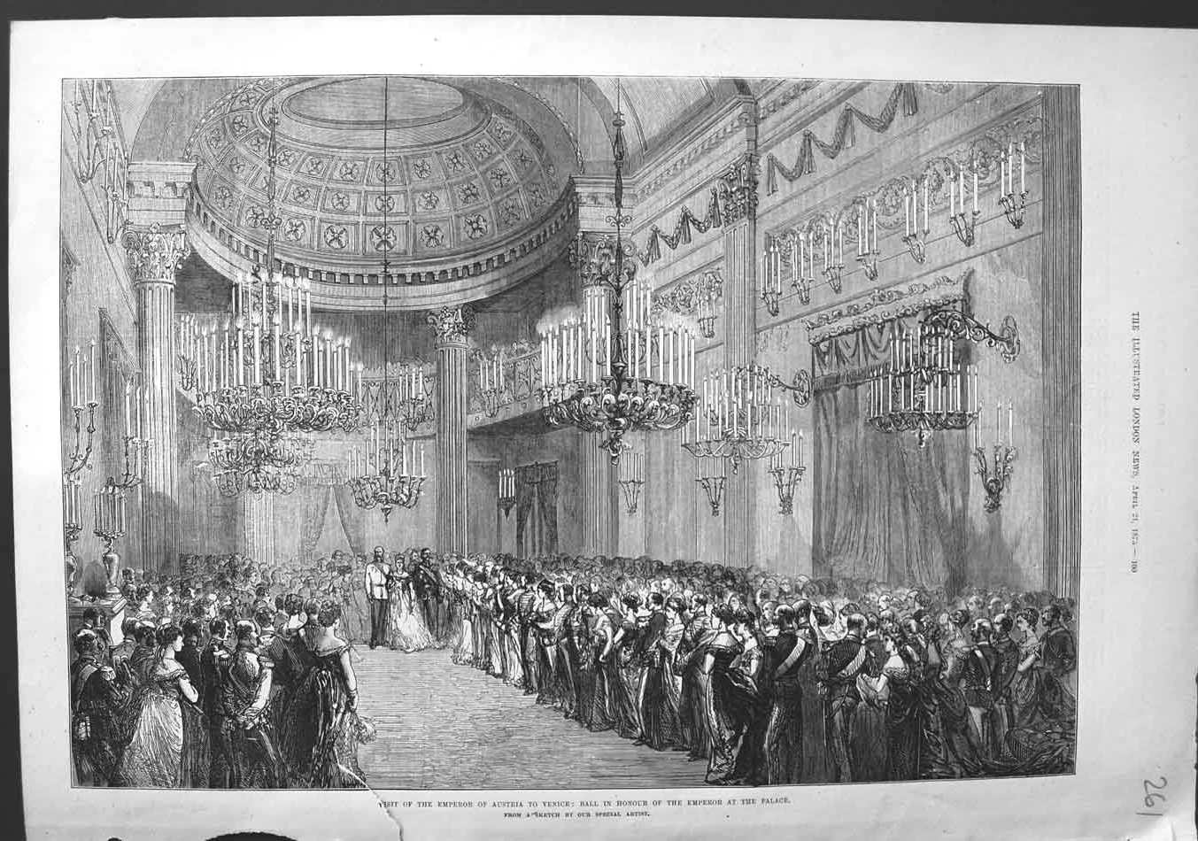 Original Old Antique Print 1875 Emperor Austria Venice Ball Palace Victorian