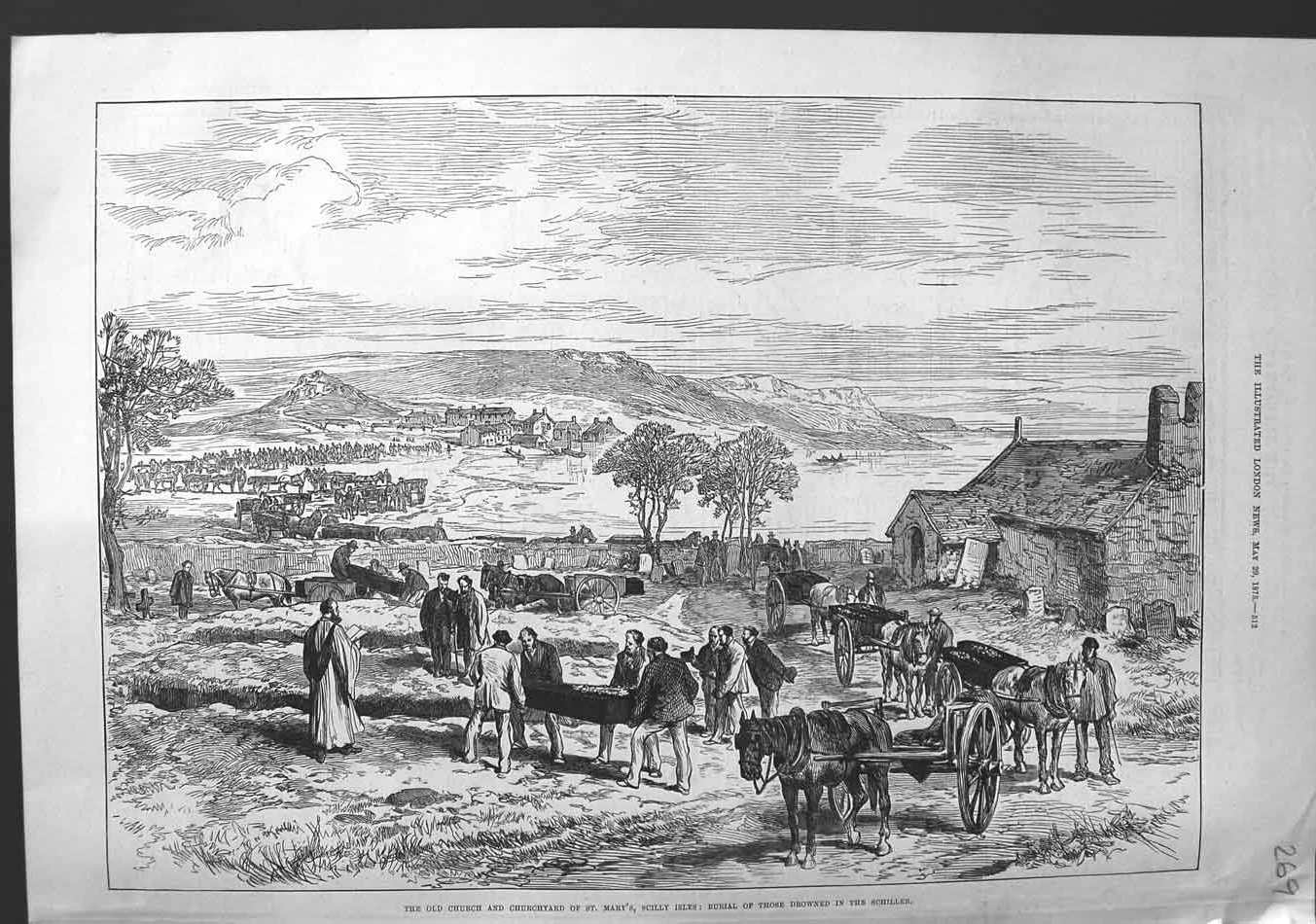 Old Antique Print 1875 Church Churchyard St. Mary'S Scilly Isles Schiller 19th