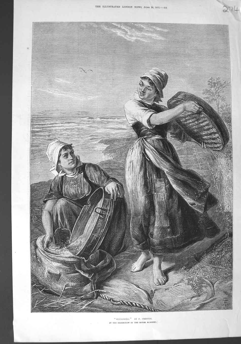 Original Old Antique Print 1875 Chester Fine Art Winnowing Women Working 19th