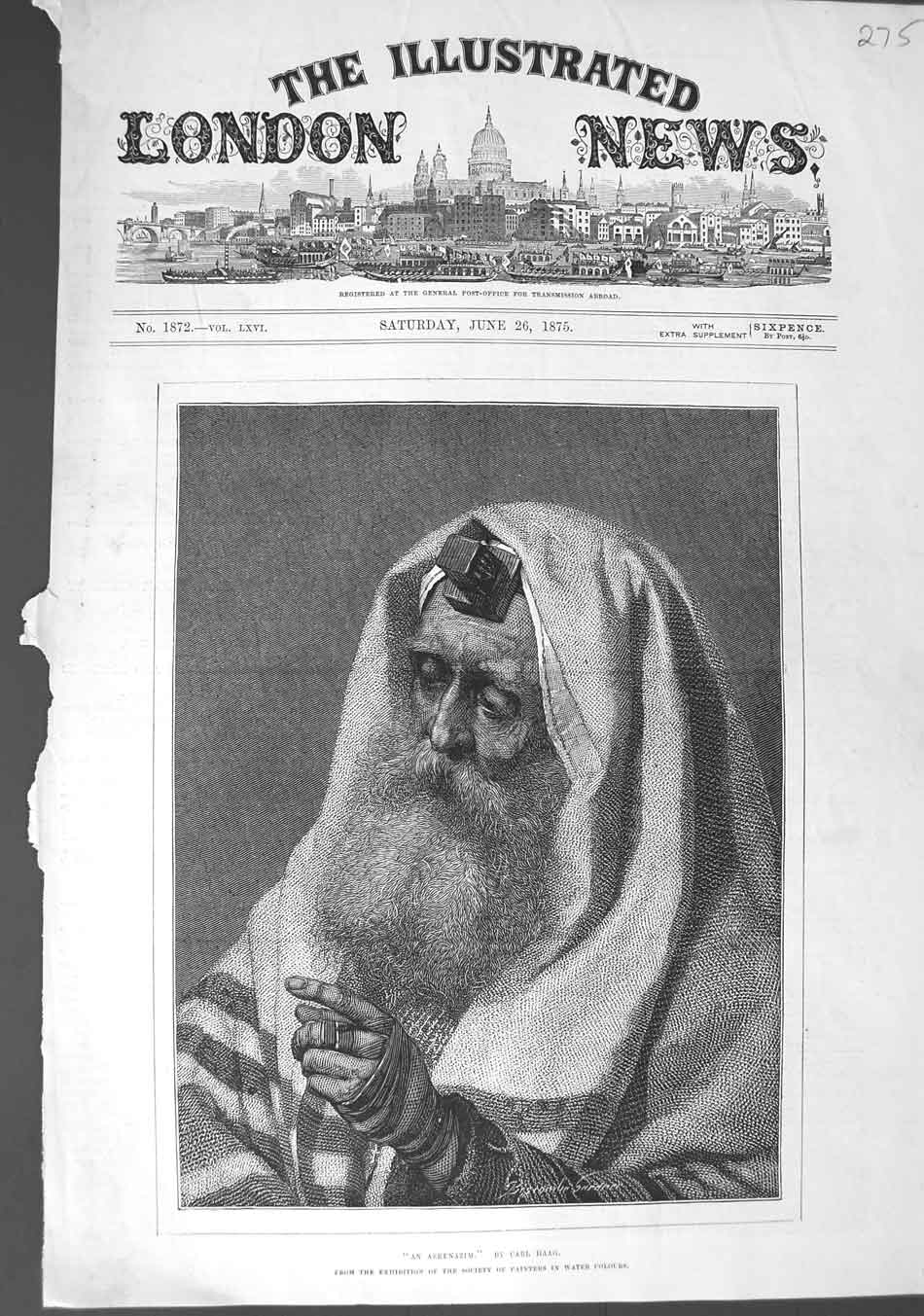 Original Old Antique Print 1875 Carl Haag Fine Art Portrait An Askenazim Man