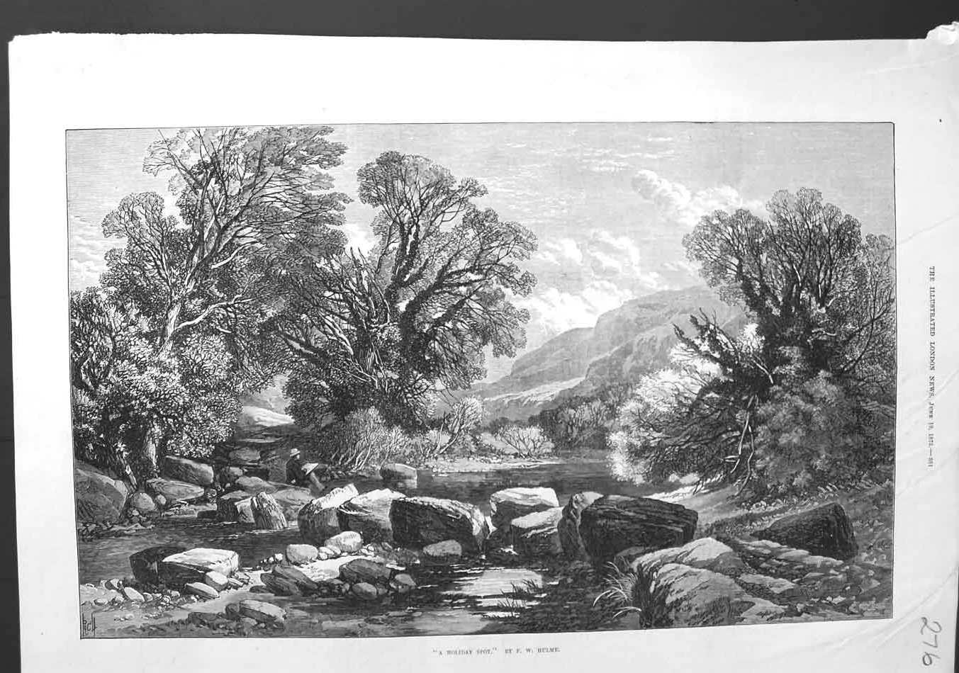 Old Antique Print 1875 Hulme Fine Art Holiday Spot River Trees Mountains 19th