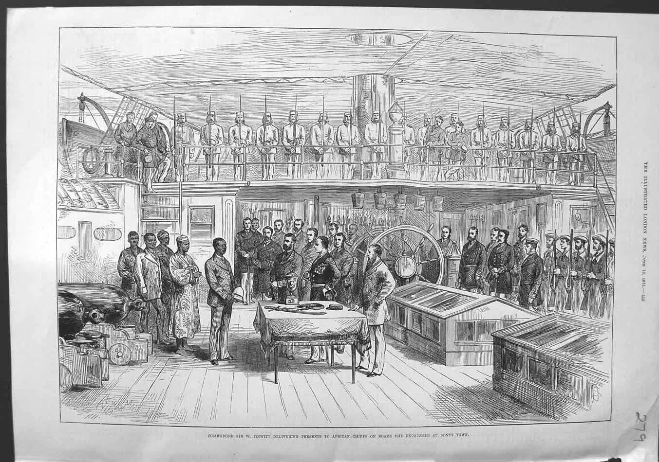 Old Antique Print 1875 Commodore Sir Hewitt African Chiefs Ship Encounter 19th