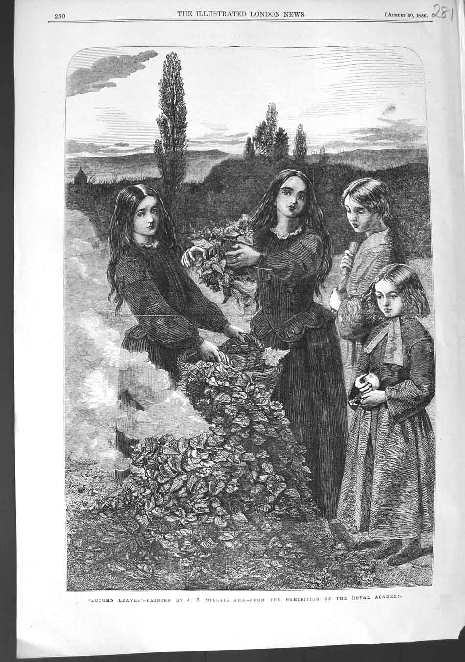 Original Old Antique Print 1856 Autumn Leaves Children Playing Millais Fine Art