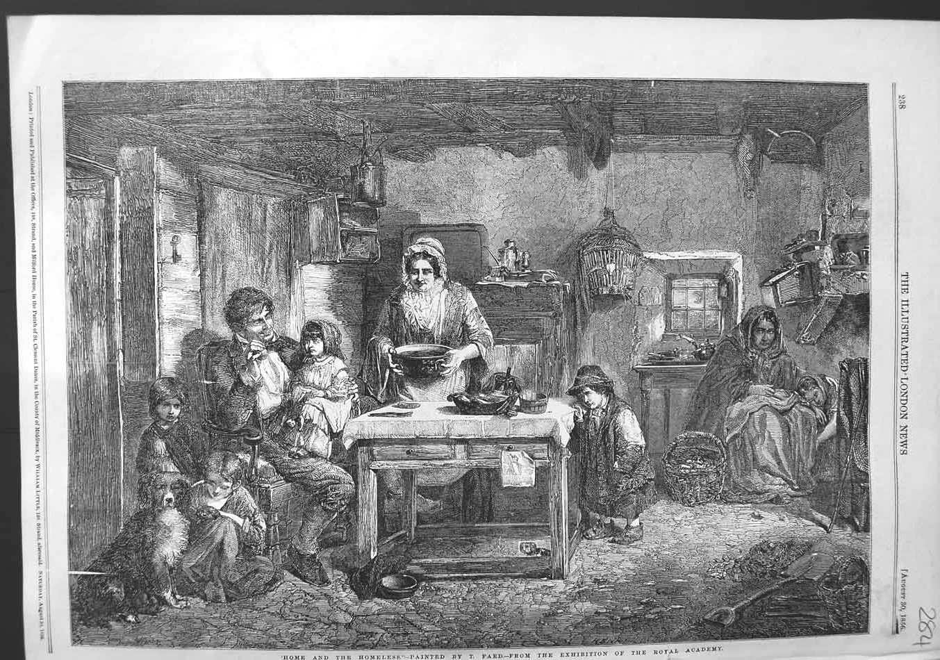 Original Old Antique Print 1856 Home Homeless Family Children Dog Faed Fine Art