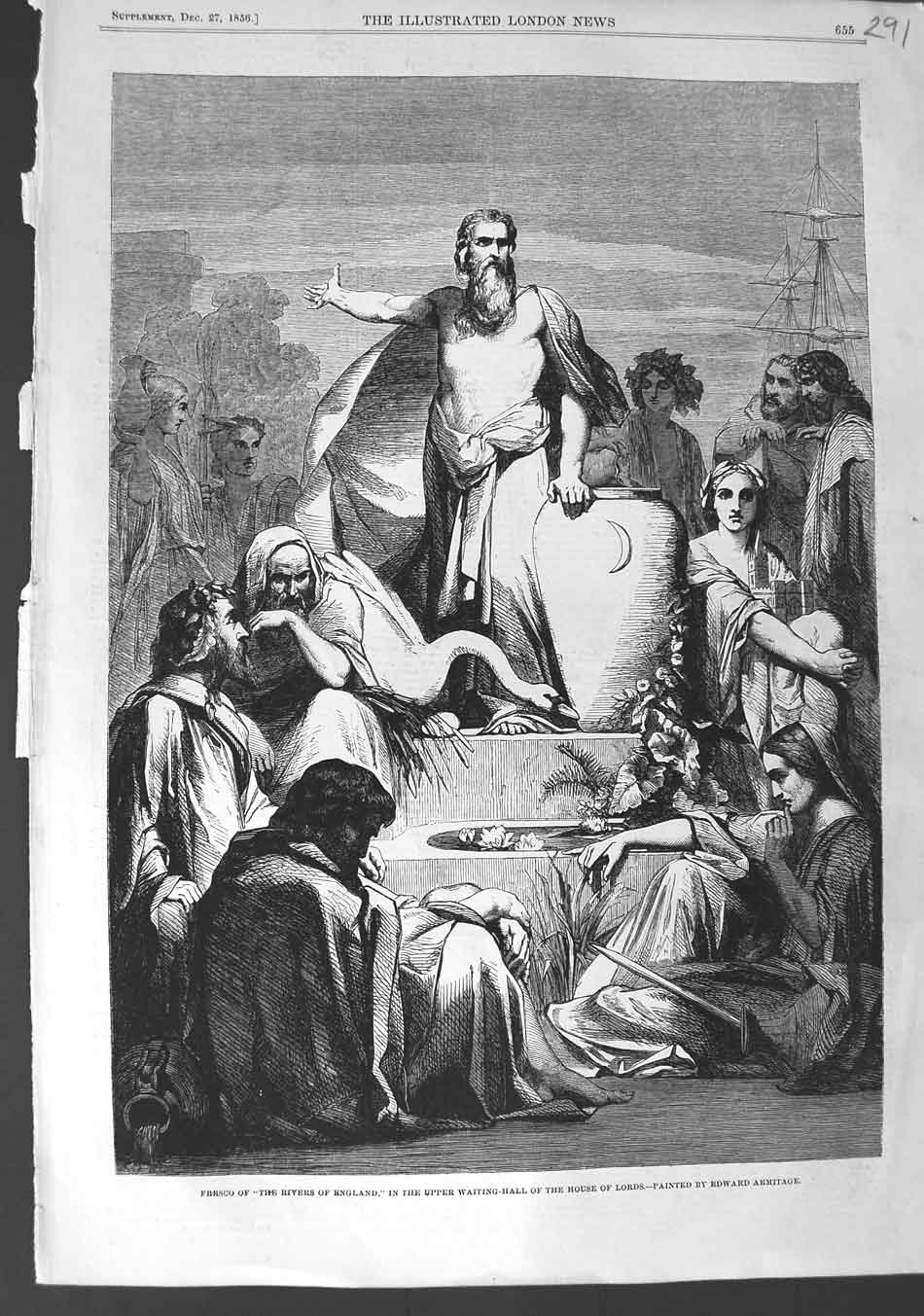 Original Old Antique Print 1856 Fresco Rivers England House Lords Waiting Hall