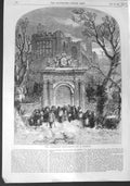 Original Old Antique Print 1856 Christmas Dole Winter Snow Scene Trees People